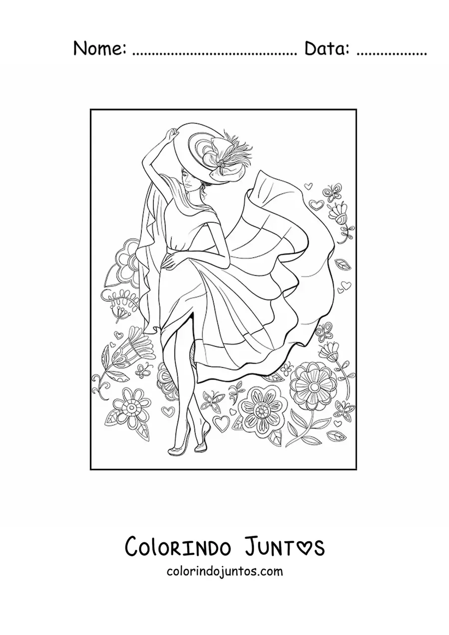 Desenho para colorir de uma dama com um chapéu elegante