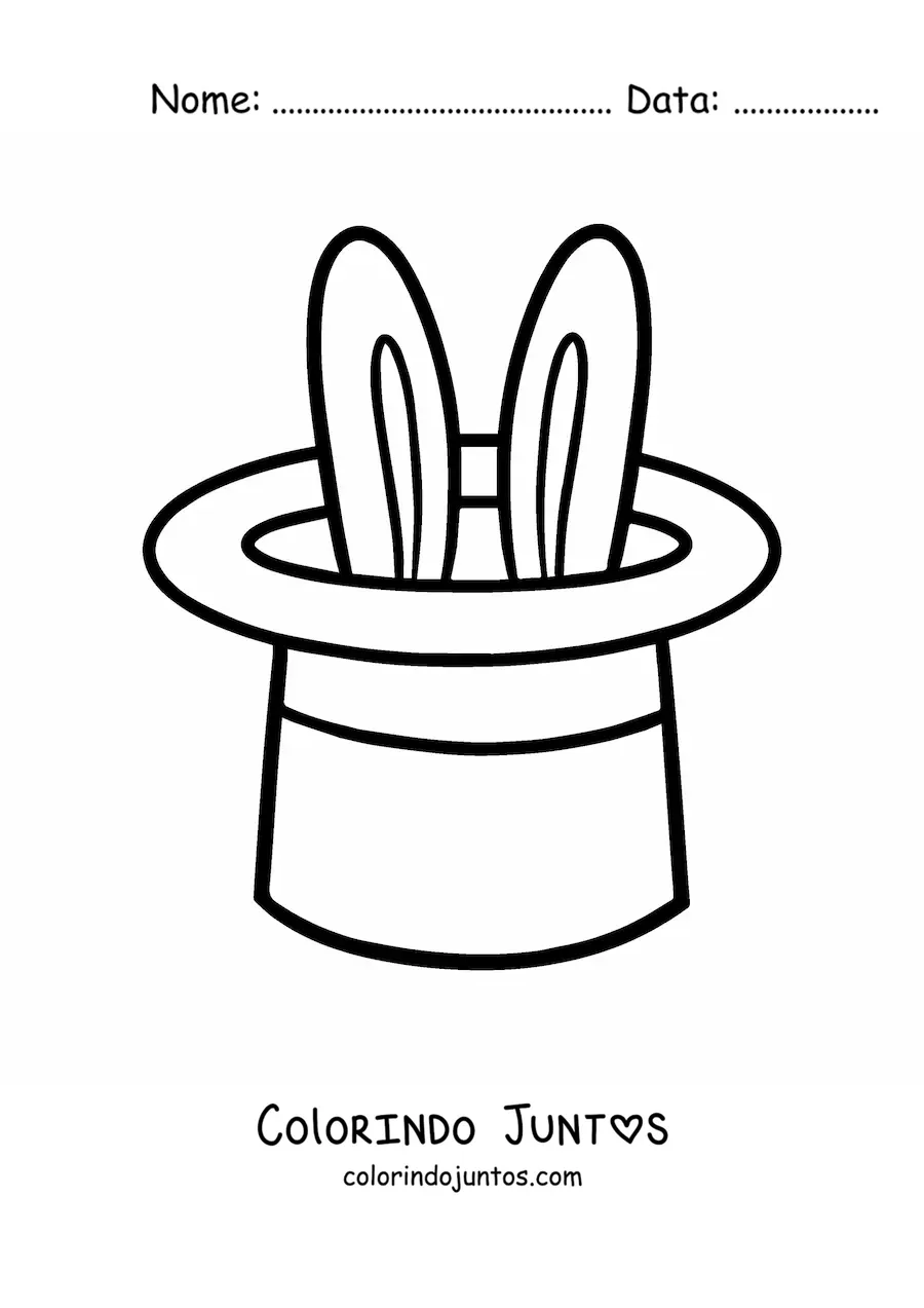 Desenho para colorir de uma cartola de mágico com um coelho dentro
