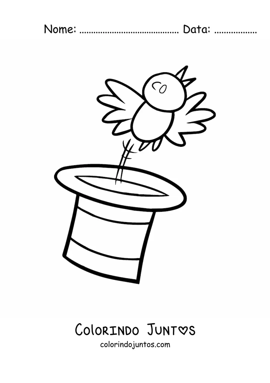 Desenho para colorir de uma ave voando saindo da cartola de um mágico