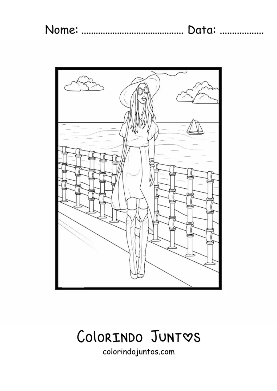Desenho para colorir de uma menina com um chapéu de verão