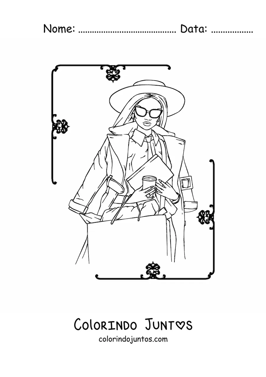 Desenho para colorir de uma menina com um chapéu de aba larga