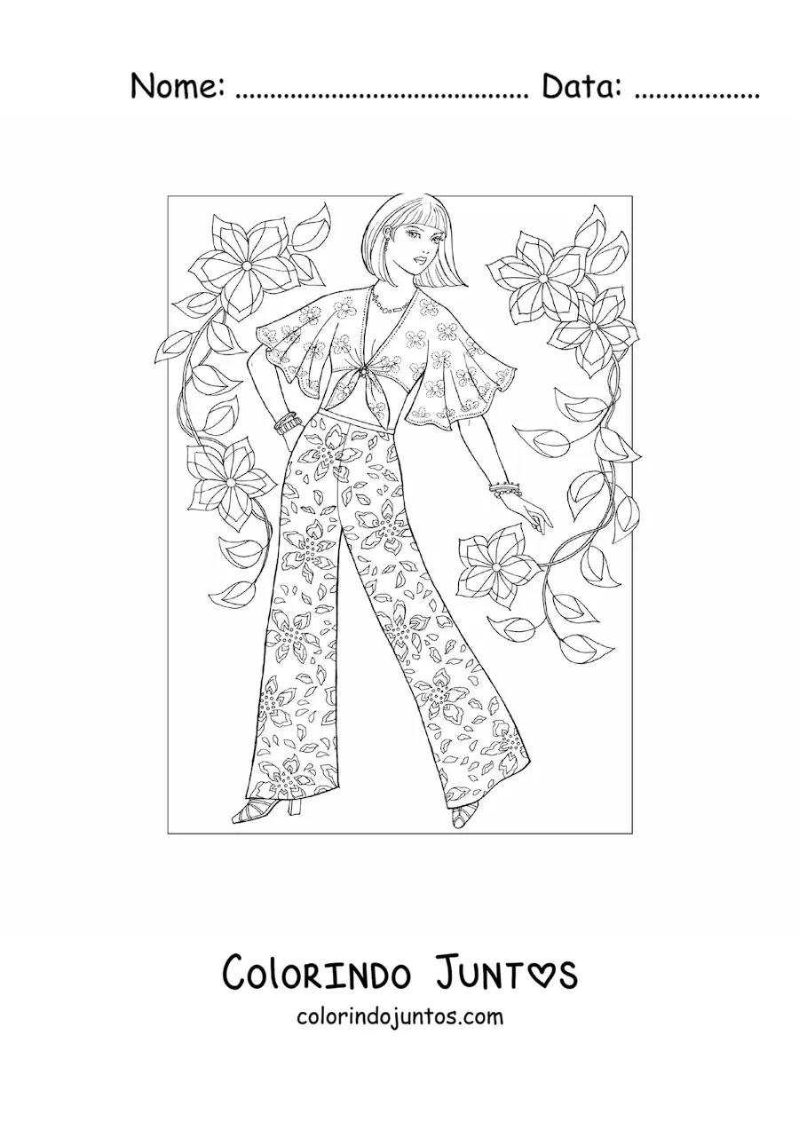 Desenho para colorir de uma menina com uma calça bonita