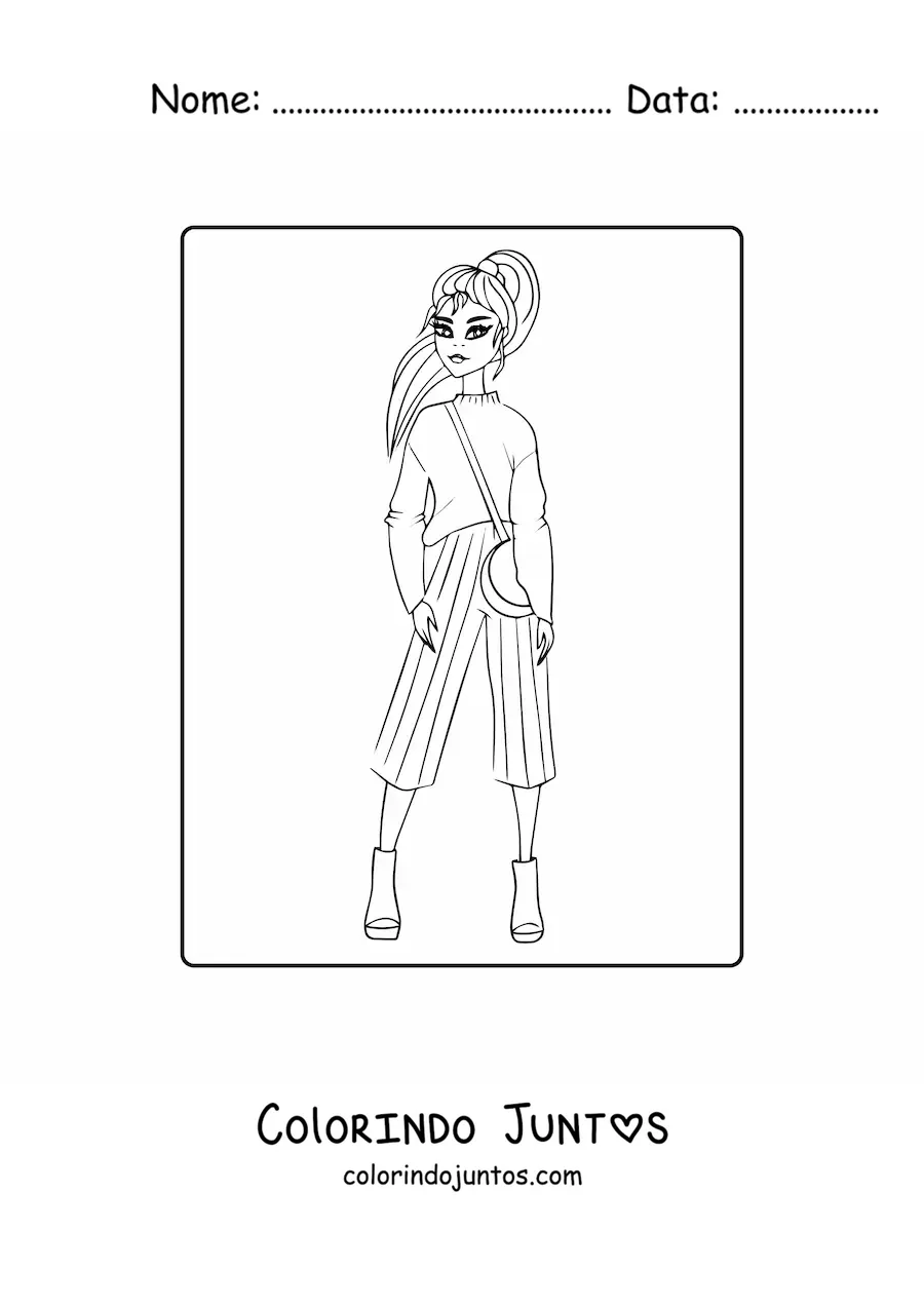 Desenho para colorir de uma menina com uma calça listrada