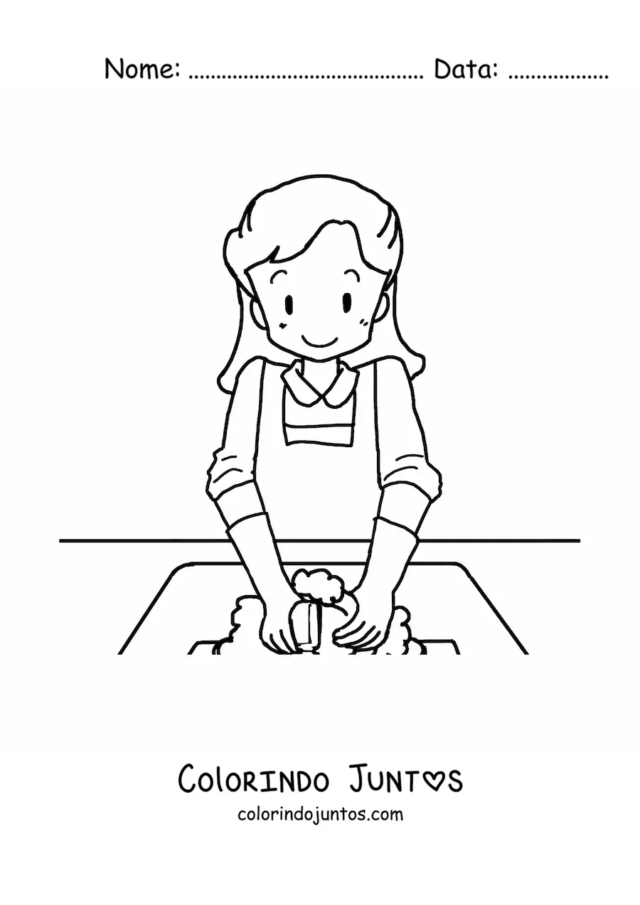 Desenho para colorir de uma mulher lavando a louça com luvas de limpeza