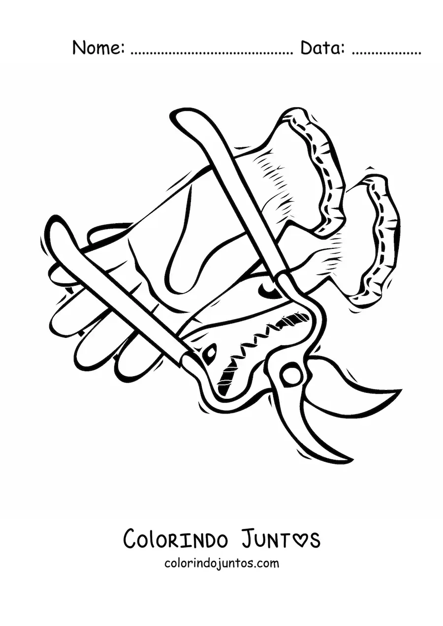 Desenho para colorir de um par de luvas e uma tesoura de jardinagem
