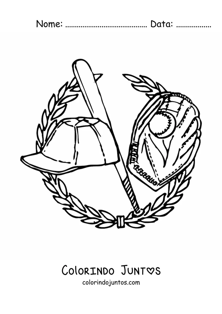 Desenho para colorir de uma luva, um taco e um boné de beisebol