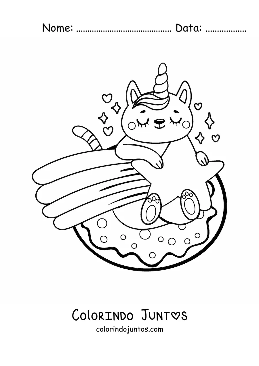 Desenho para colorir de um gato unicórnio em uma estrela cadente
