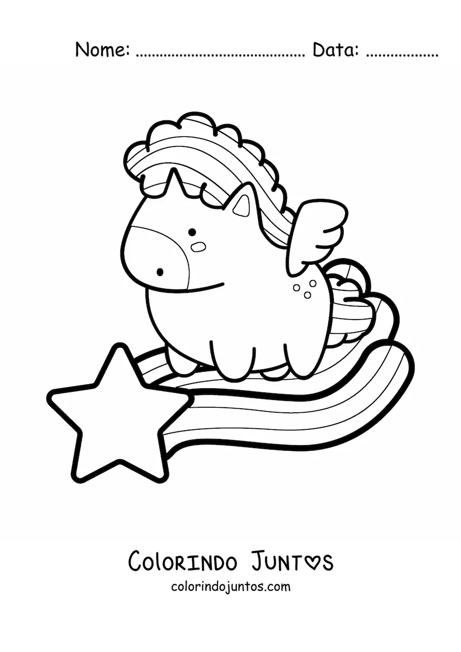 Desenho para colorir de um pégaso kawaii voando sobre uma estrela cadente