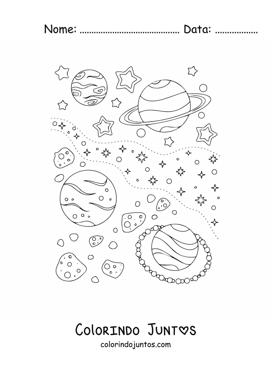 Desenho para colorir de várias estrelas e planetas