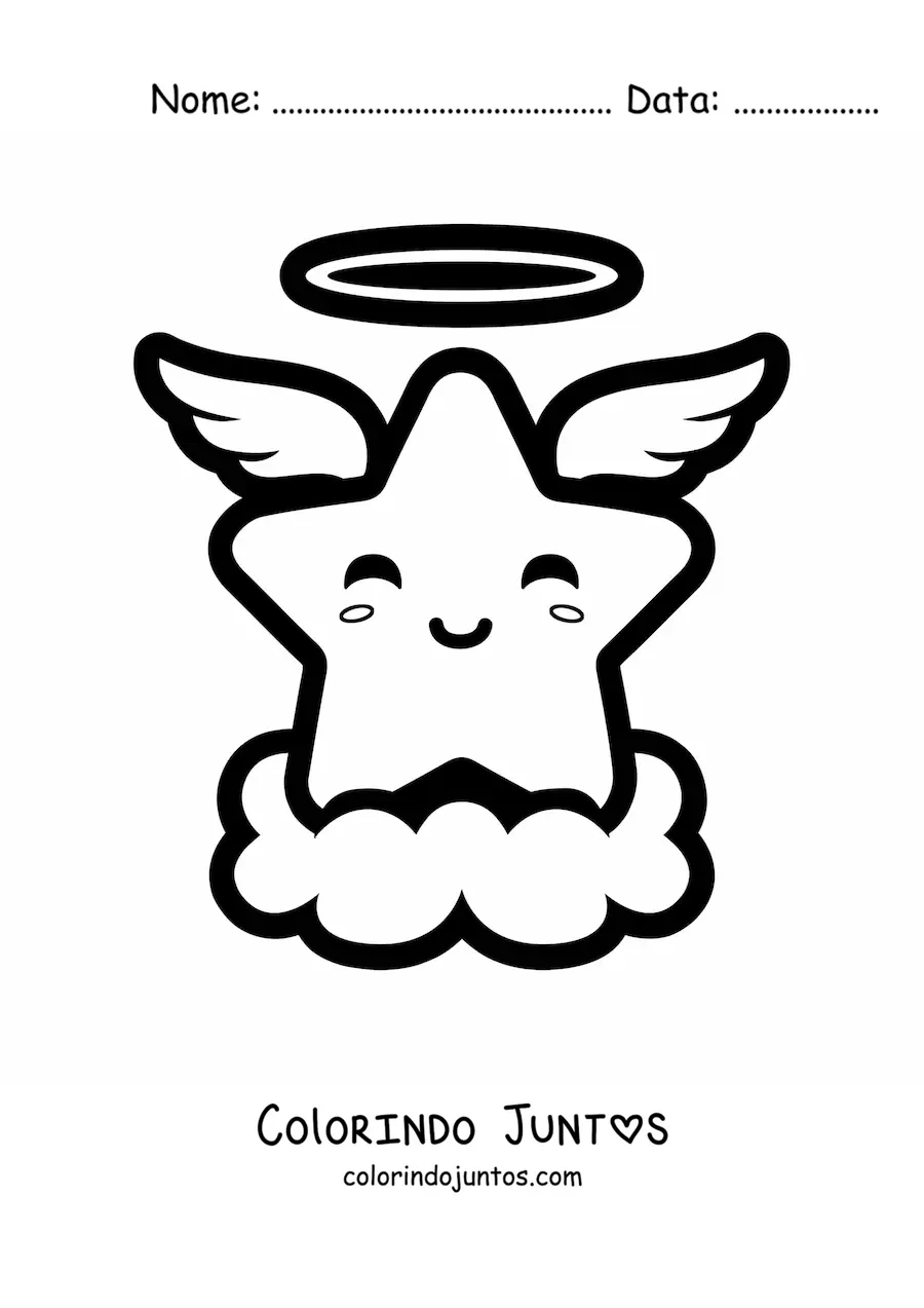 Desenho para colorir de uma estrela com asas de anjo kawaii