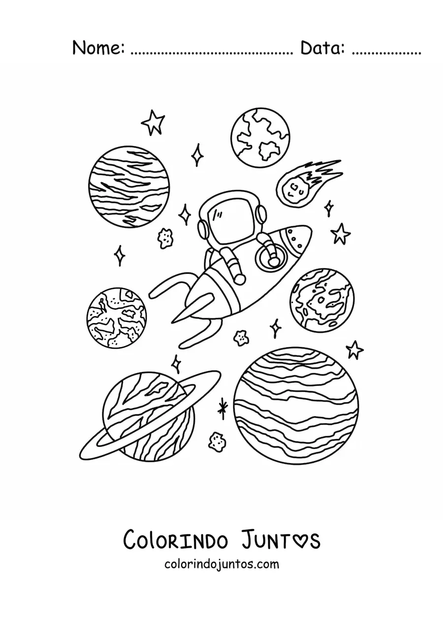 Desenho para colorir de um astronauta e planetas do sistema solar