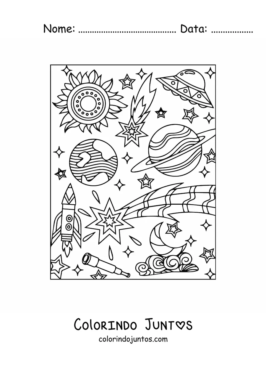 Desenho para colorir de vários planetas e estrelas