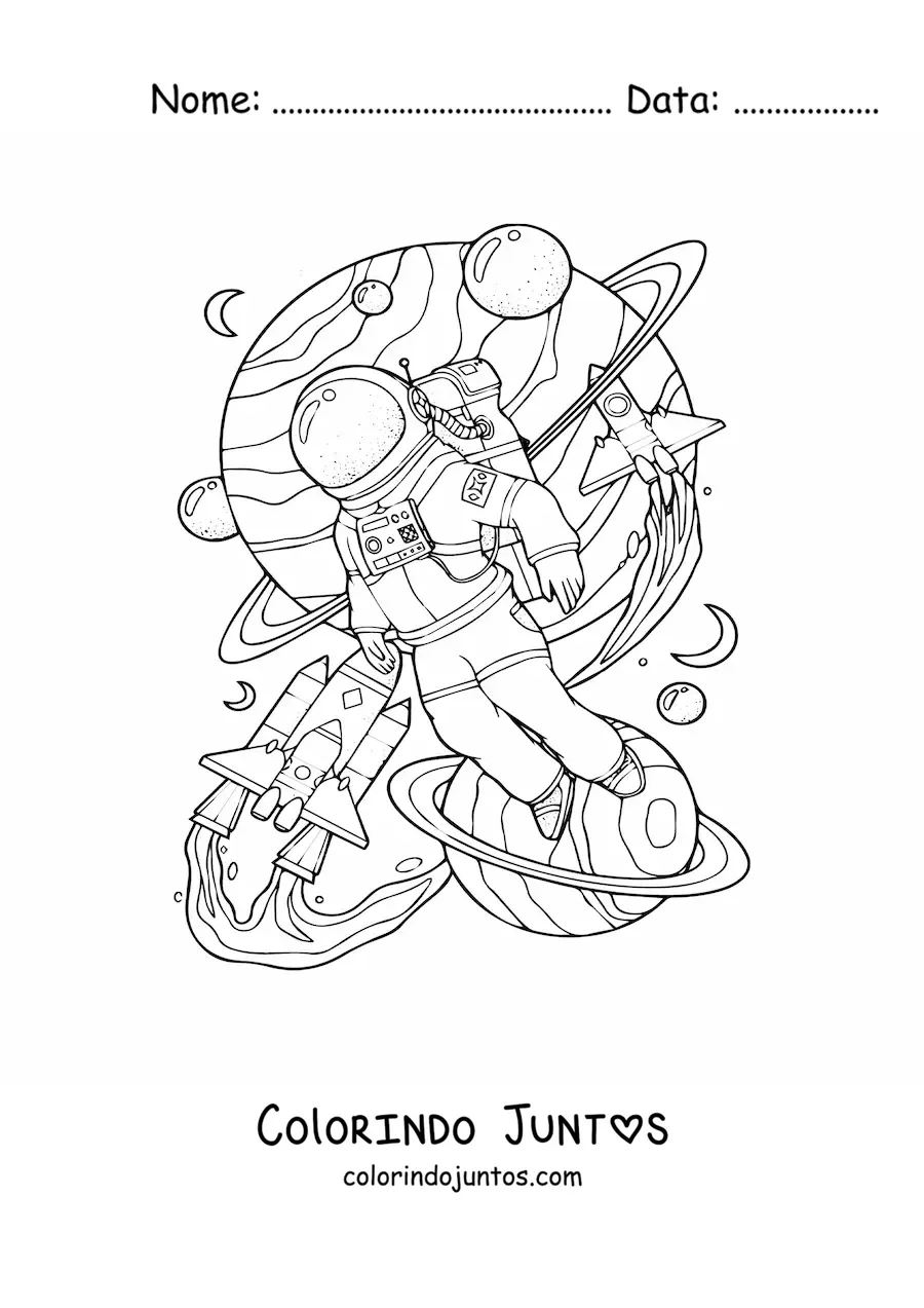 Desenho para colorir de um astronauta junto a planetas no espaço