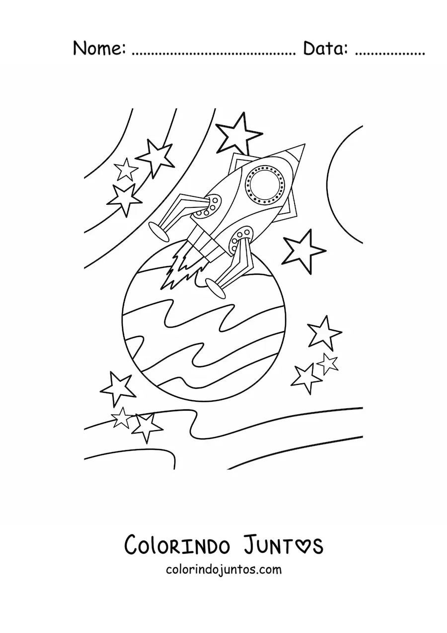 Desenho para colorir de um foguete espacial perto de um planeta