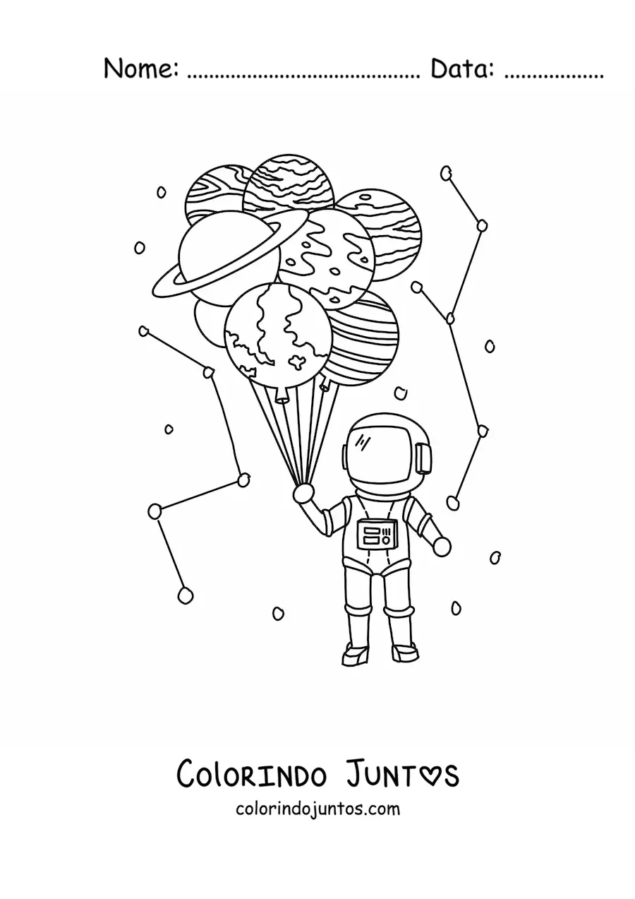 Desenho para colorir de um astronauta segurando balões de planetas