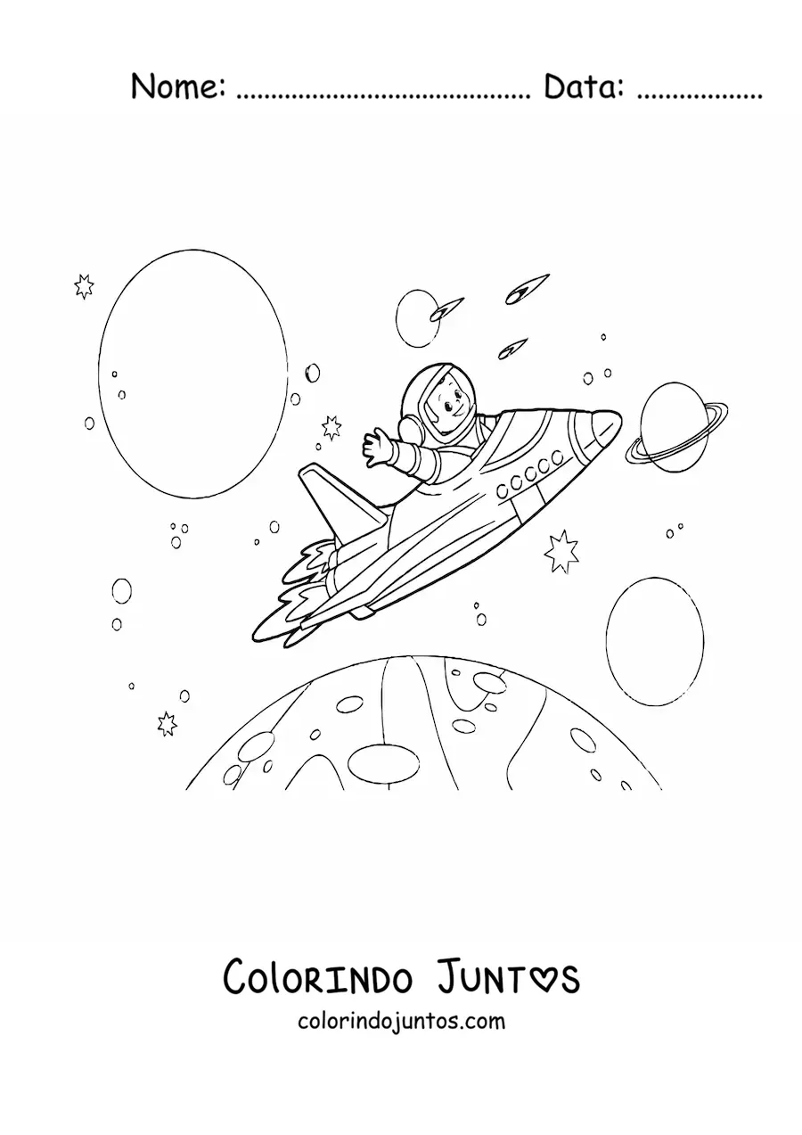 Desenho para colorir de um foguete voando entre planetas