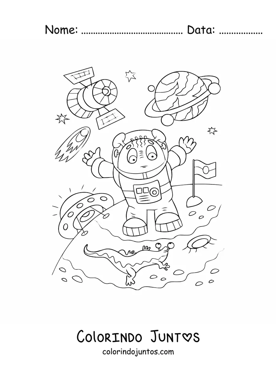 Desenho para colorir de um explorador espacial em outro planeta