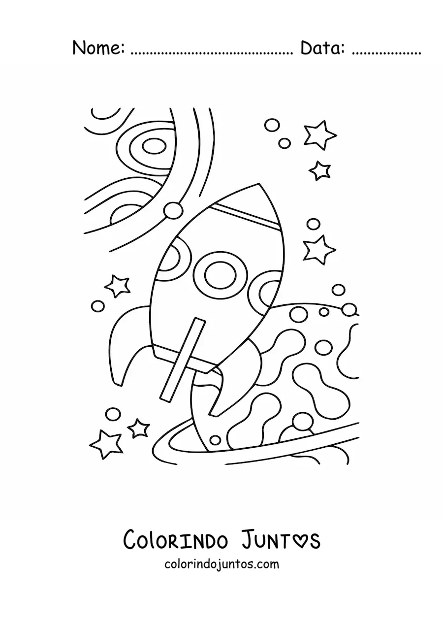 Desenho para colorir de vários planetas e um foguete espacial