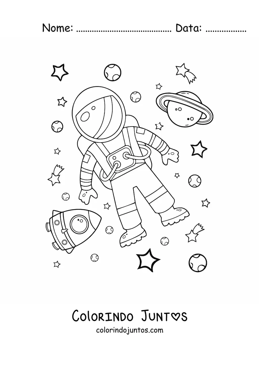 Desenho para colorir de um astronauta no espaço com planetas e estrelas