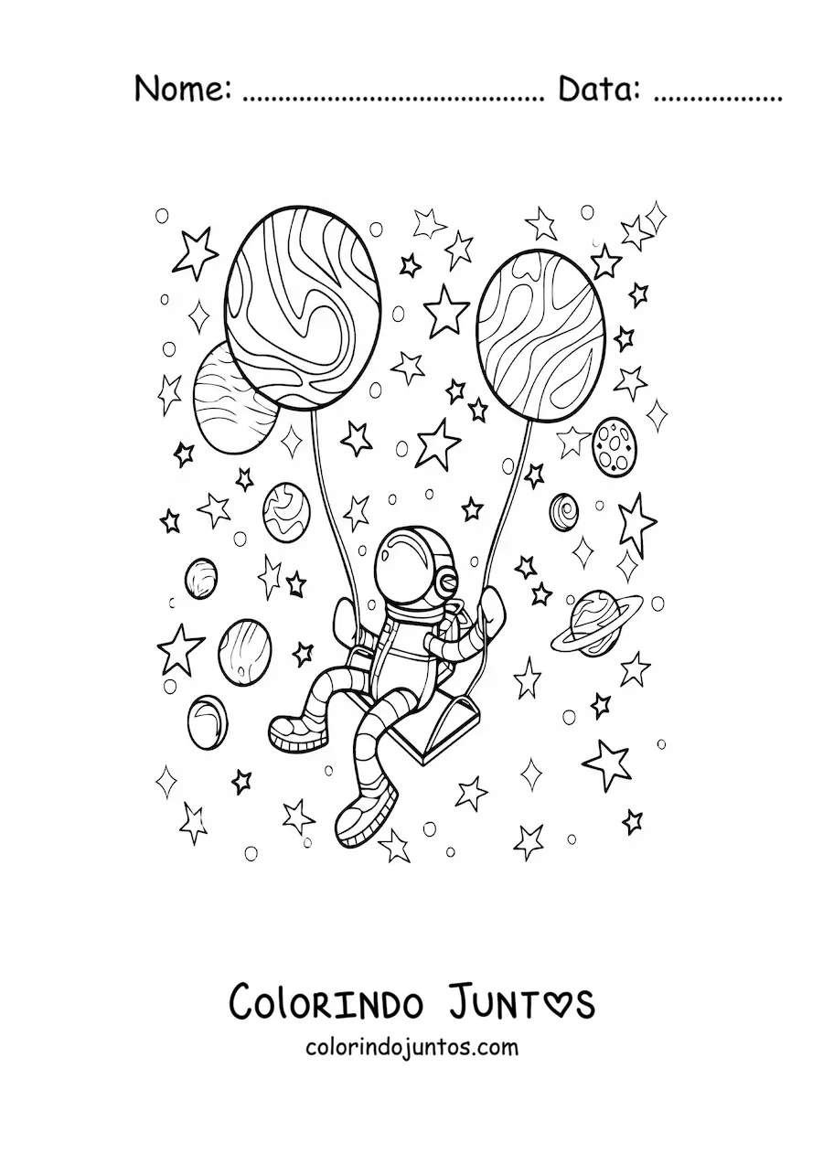 Desenho para colorir de um astronauta flutuando no espaço com balões de planetas