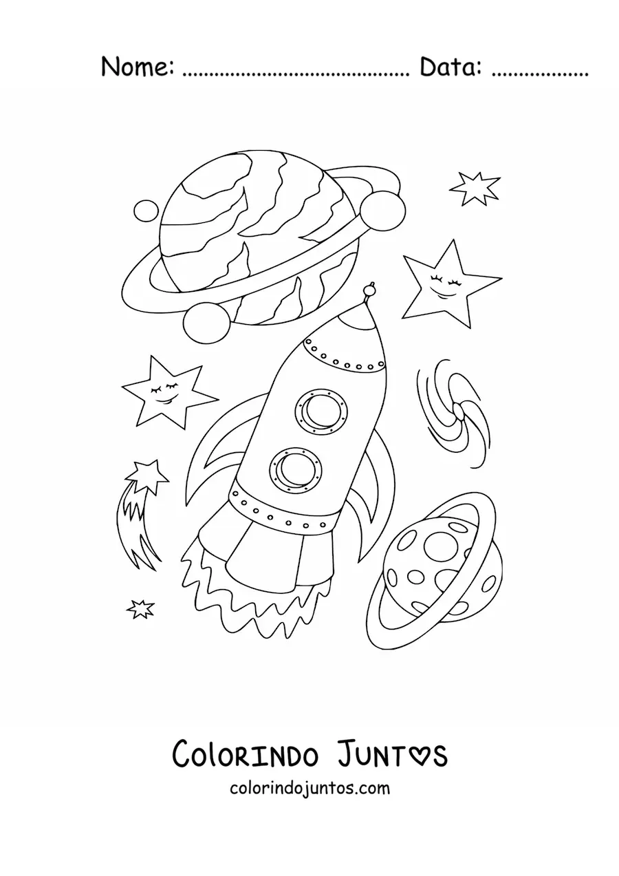 Desenho para colorir de um foguete e vários planetas