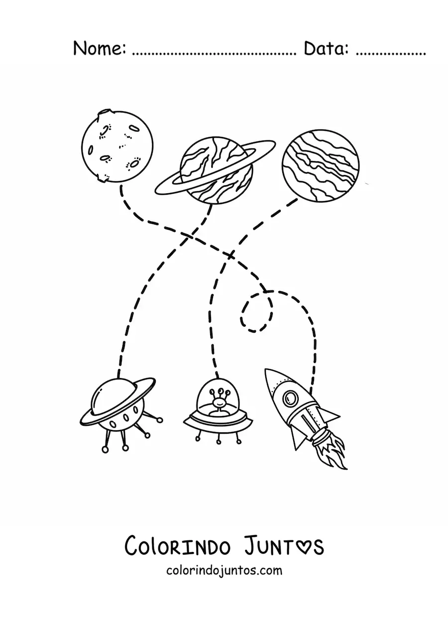 Desenho para colorir de três planetas e três naves espaciais