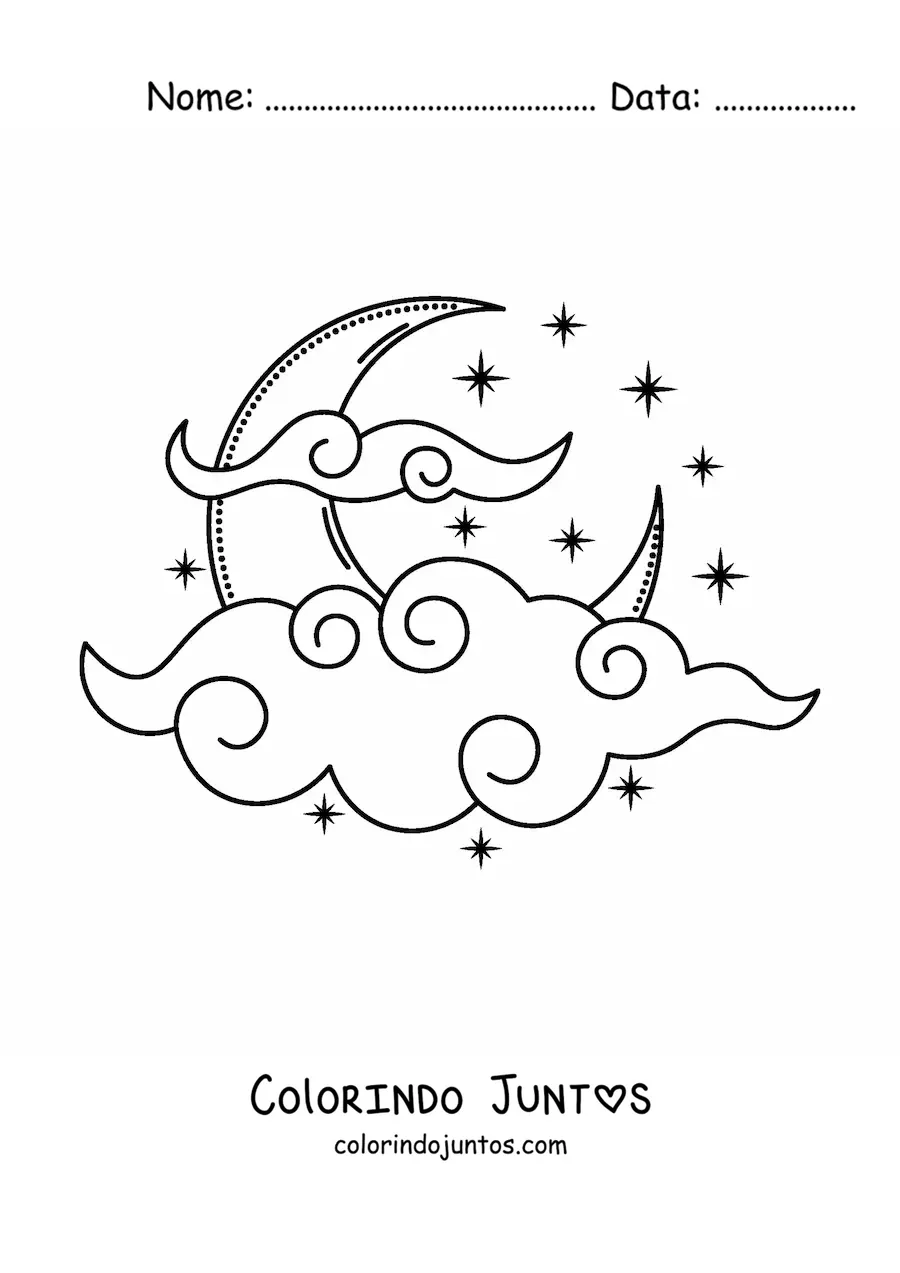 Desenho para colorir da Lua cercada de nuvens