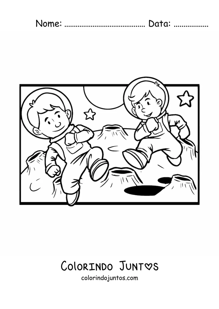 Desenho para colorir de dois astronautas na Lua