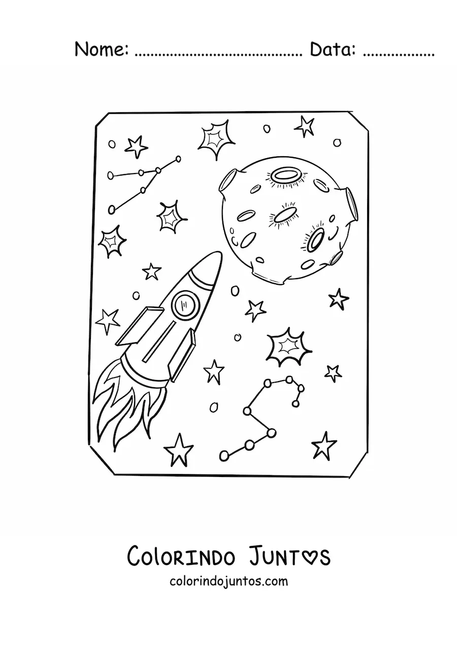 Desenho para colorir de uma viagem espacial até a Lua