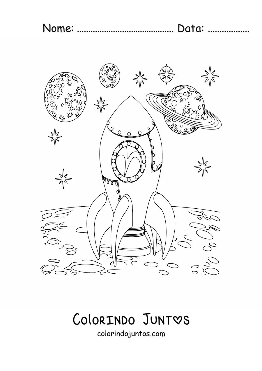 Desenho para colorir de um foguete na Lua