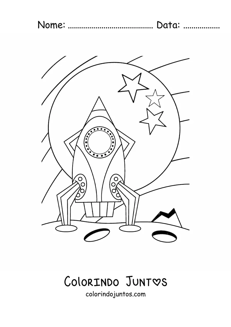 Desenho para colorir de um foguete na Lua com estrelas