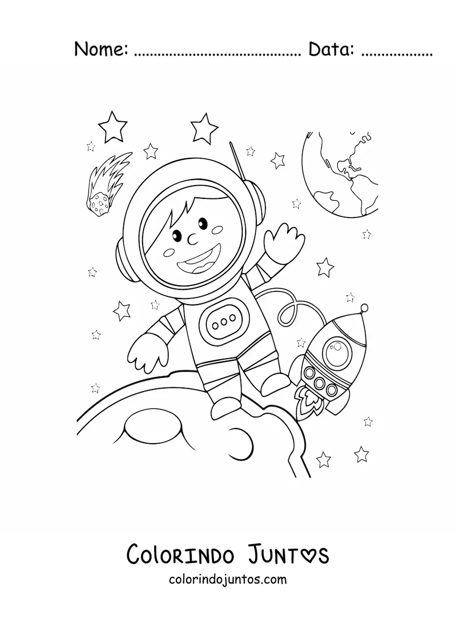 Desenho para colorir de um astronauta flutuando no espaco com a Lua e varias estrelas