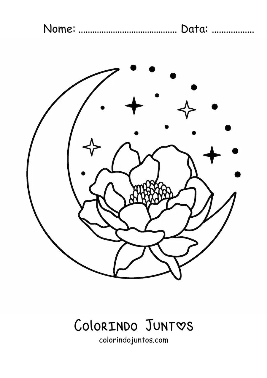 Desenho para colorir de uma Lua bonita com uma flor