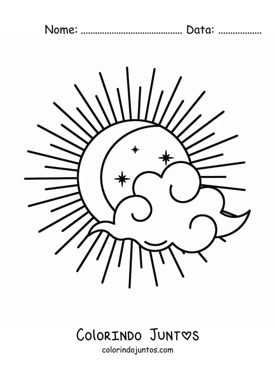 Desenho para colorir de uma Lua com uma nuvem