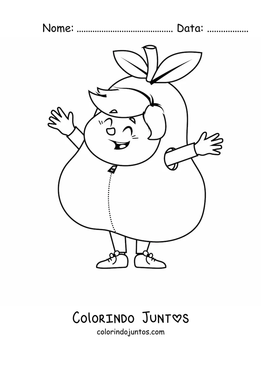 Desenho para colorir de um menino sorridente fantasiado de pera