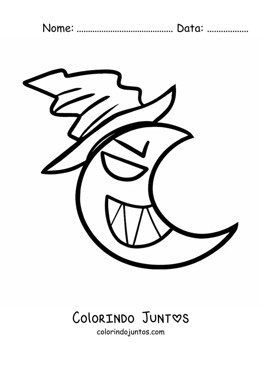 Desenho para colorir de uma Lua animada com chapeu de bruxa