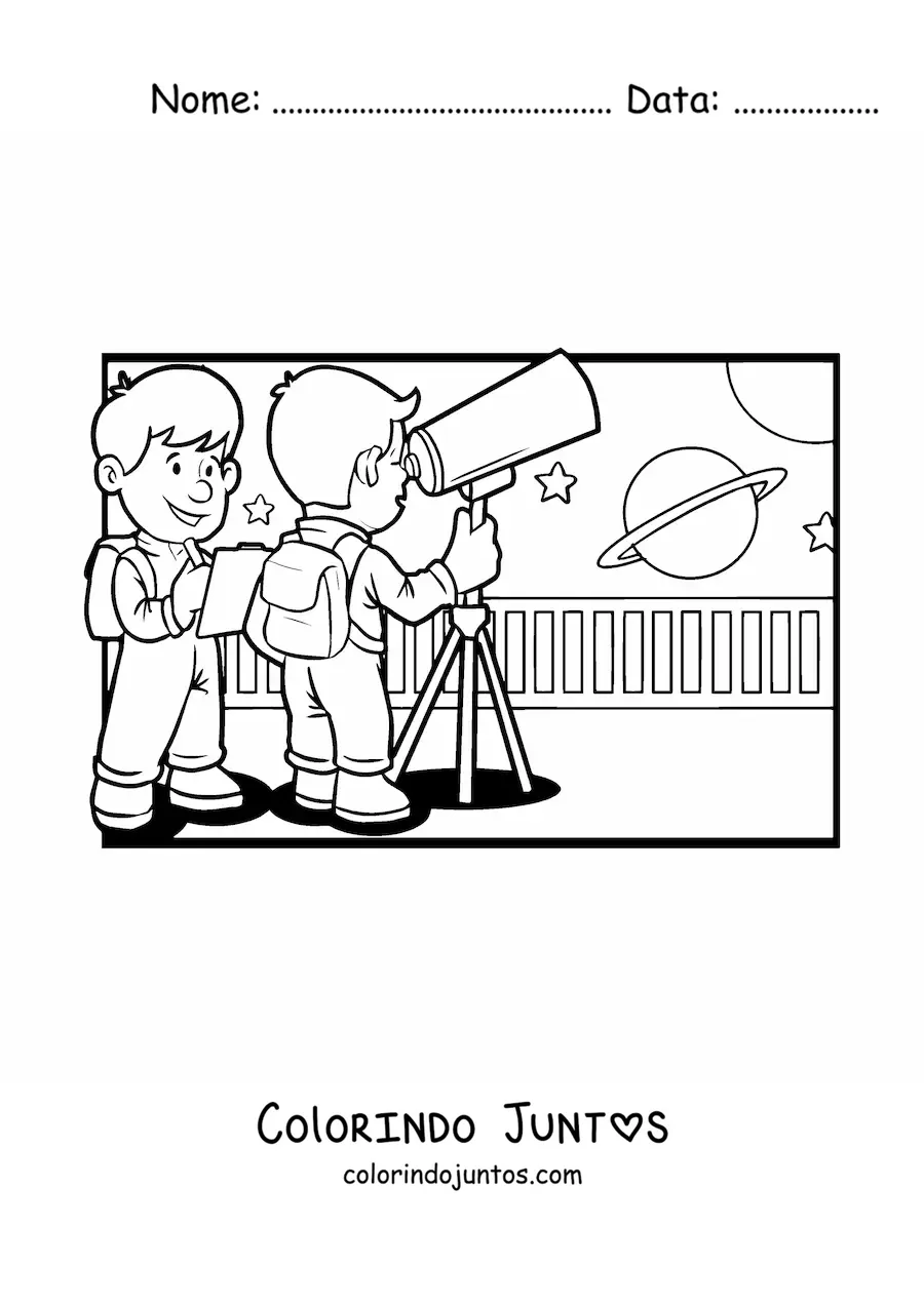 Desenho para colorir de duas criancas com um telescopio