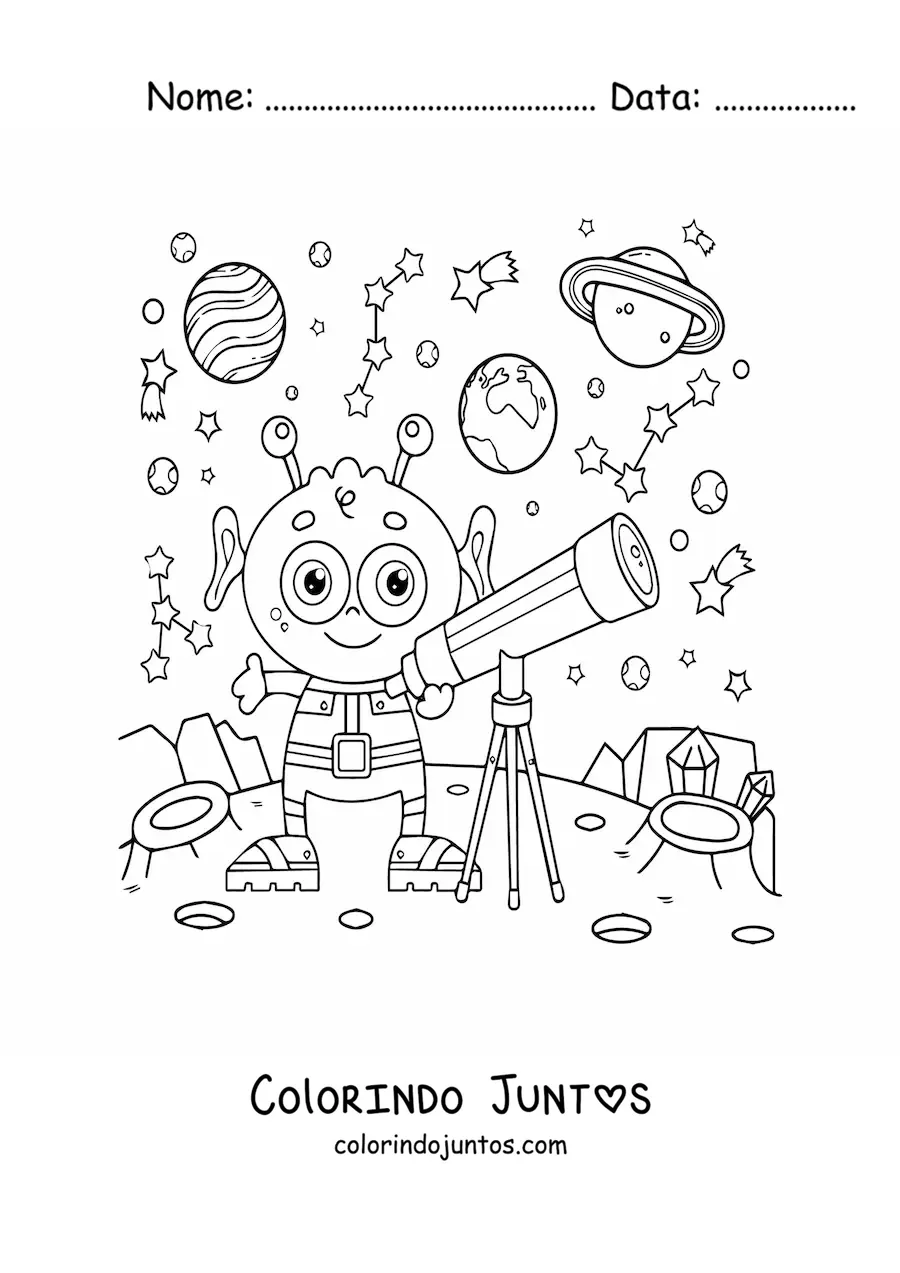 Desenho para colorir de um alienigena com um telescopio