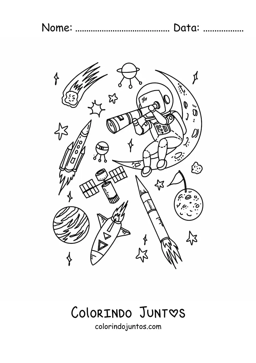 Desenho para colorir de um astronauta com um telescopio no espaco