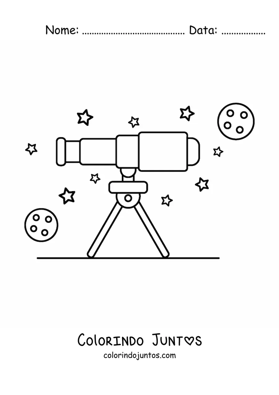 Desenho para colorir de um telescopio e estrelas no ceu