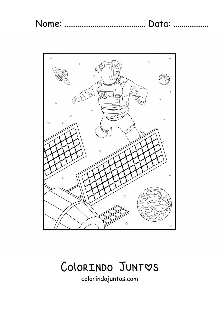 Desenho para colorir de um astronauta e um satelite no espaco