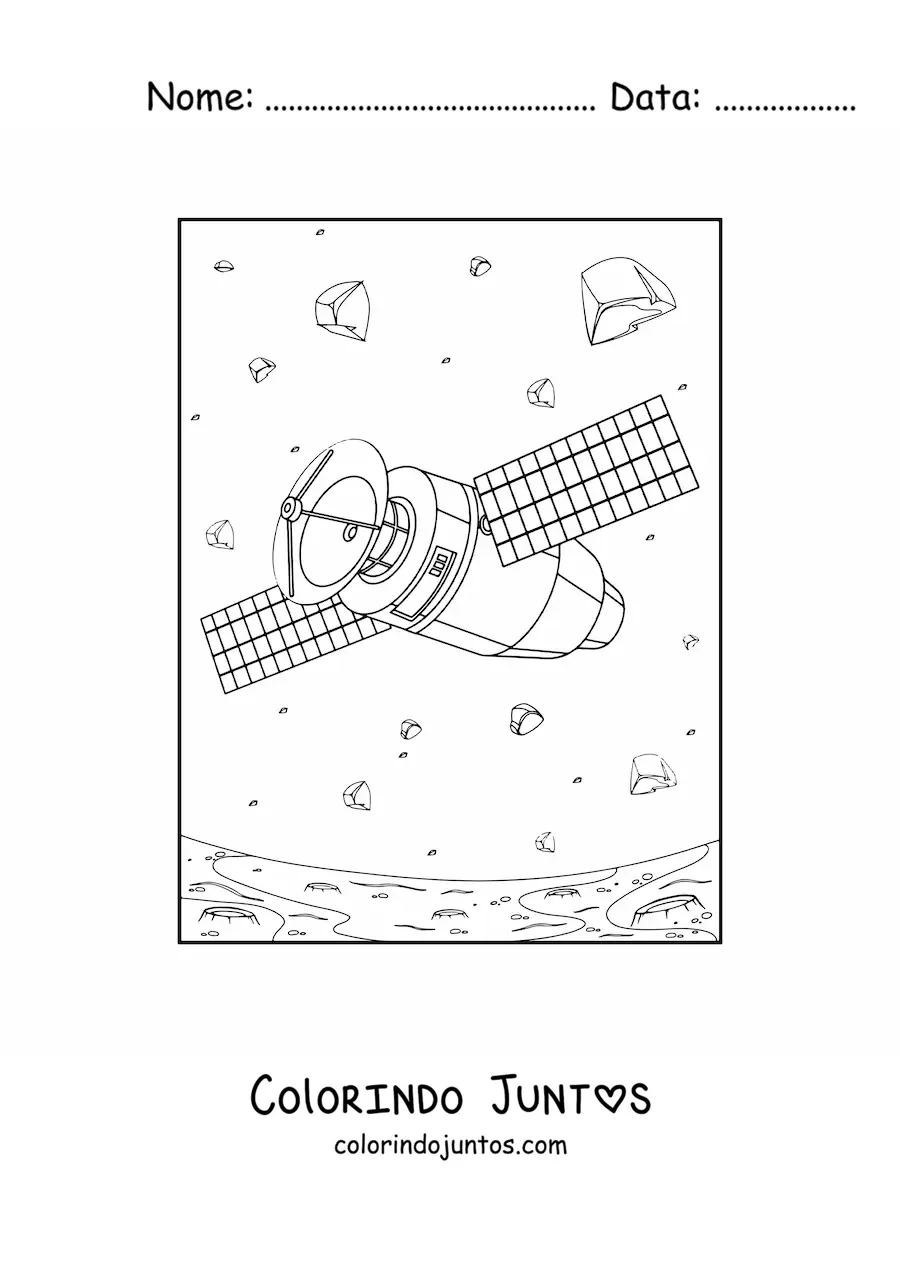 Desenho para colorir de um satelite entre asteroides