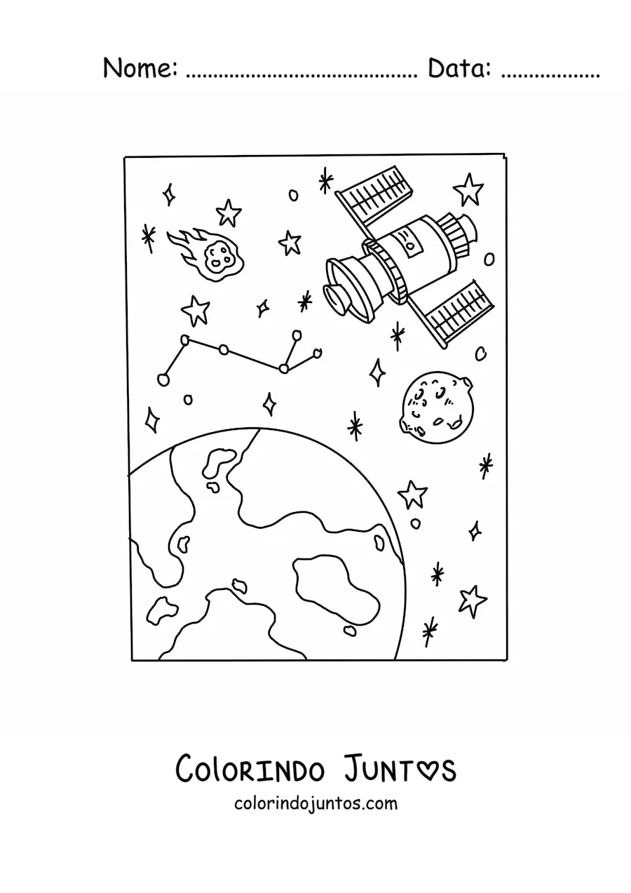 Desenho para colorir de um satelite junto a varias estrelas