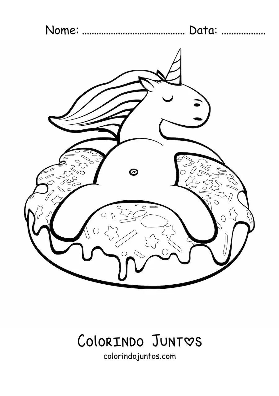 Desenho para colorir de um unicórnio animado sentado sobre uma rosquinha