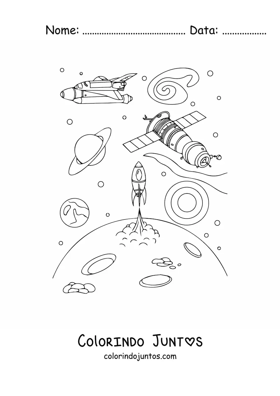 Desenho para colorir de um satelite junto a naves espaciais