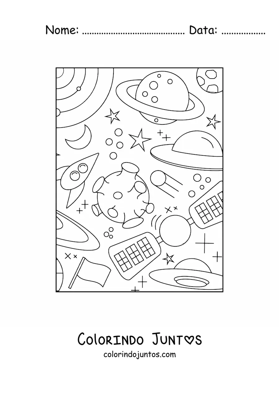 Desenho para colorir de um satelite artificial e varios corpos celestes