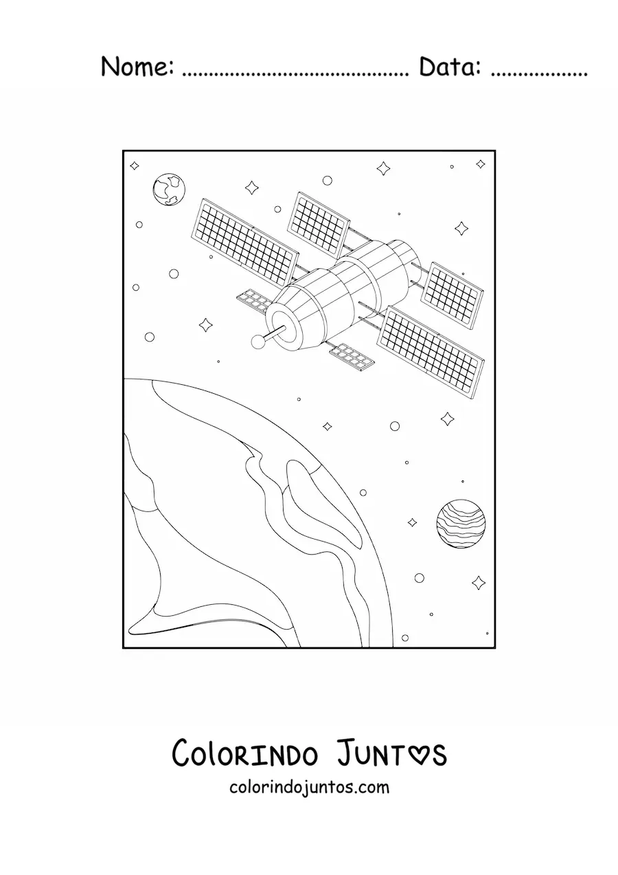 Desenho para colorir de um satelite artificial na orbita terrestre