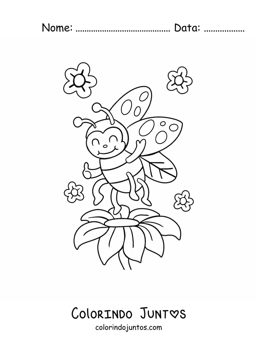 Desenho para colorir de uma joaninha feliz junto a varias flores