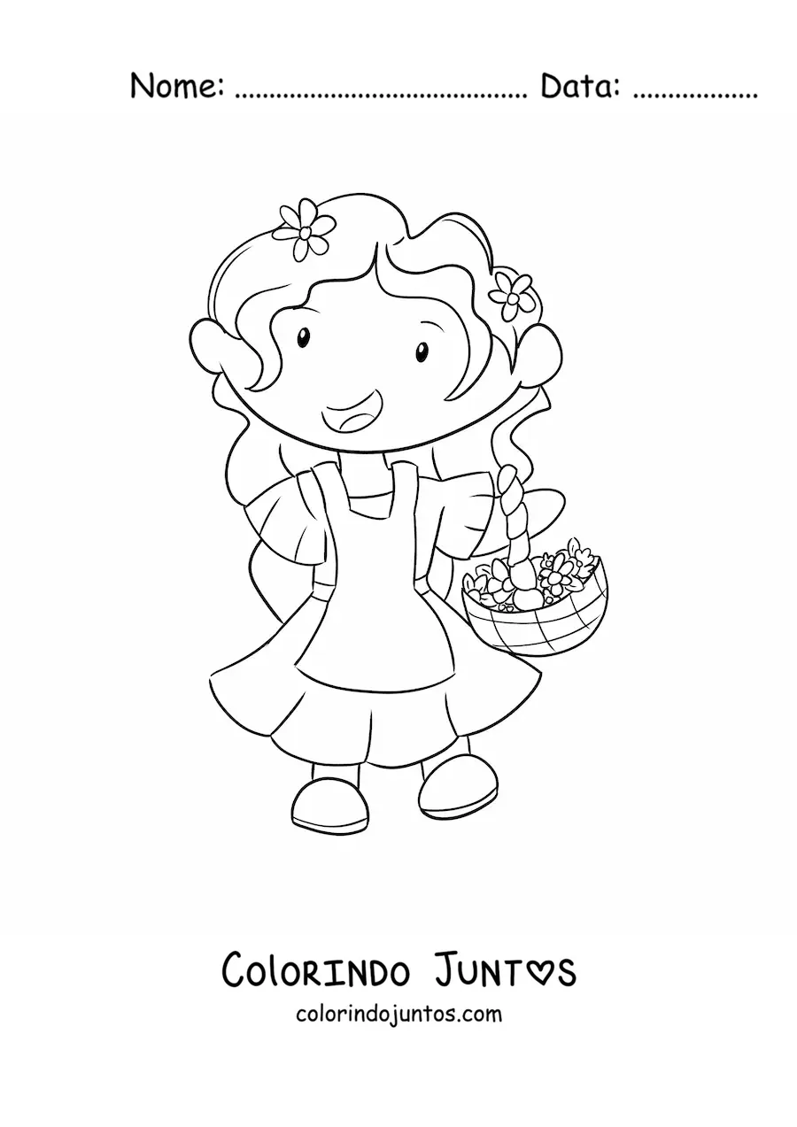 Desenho para colorir de uma menina com flores de primavera