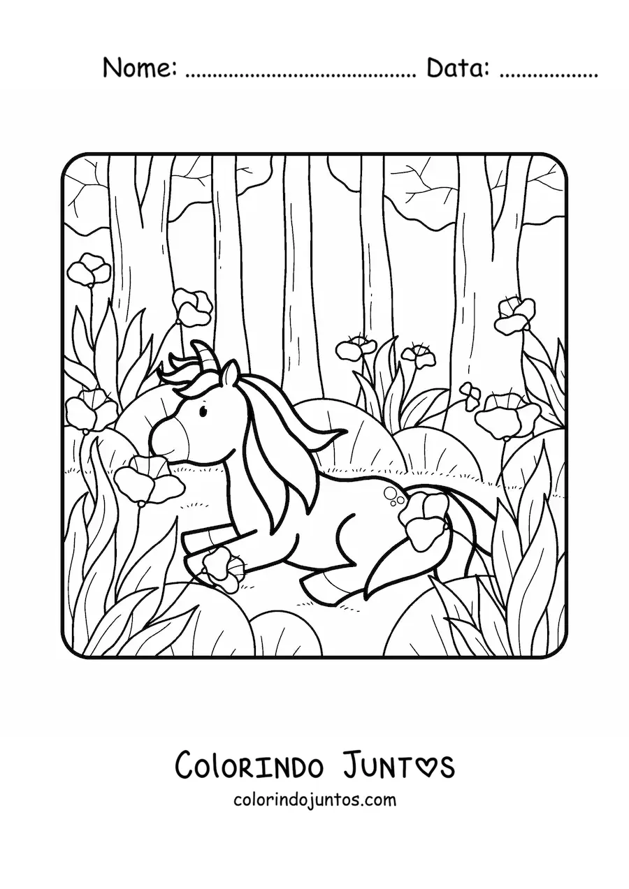 Desenho para colorir de um unicornio animado em floresta de primavera